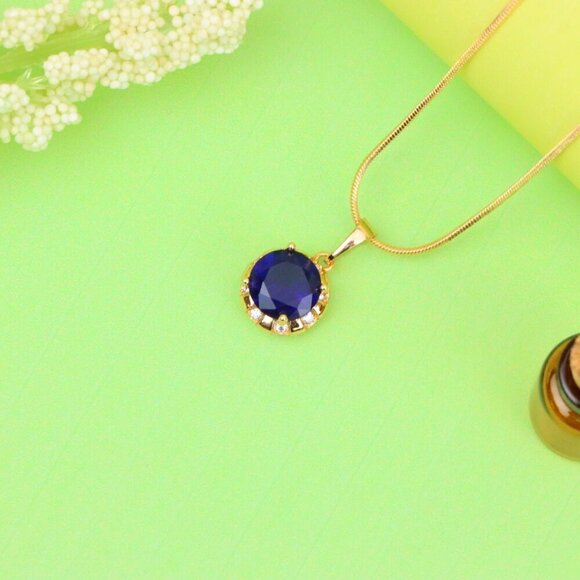 "Royal Blue Round Pendant with Sparkling Accents in Gold Finish, XPPT1647 - Picture 12 of 13